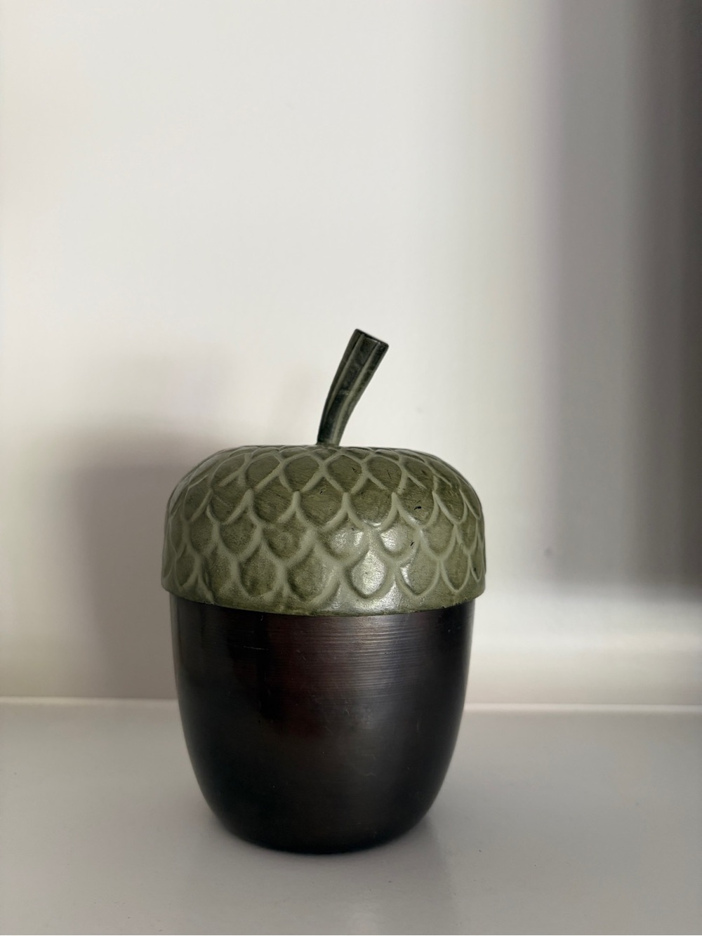 Pier 1 Olive Green and Dark Brown Acorn Decorative Storage Jar